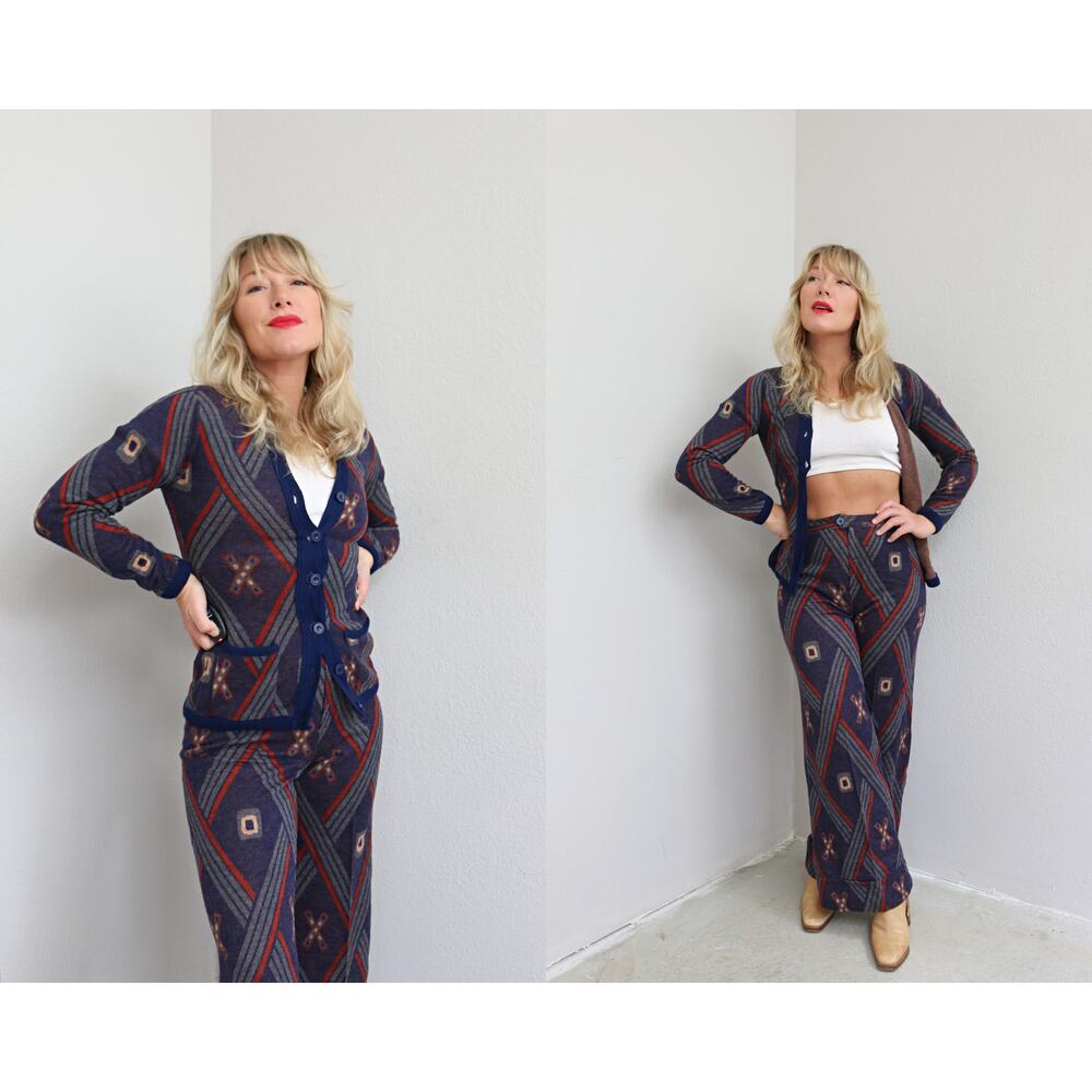 1970's Vintage Pantana Autumn Knit Cardigan & Bell Bottom Pants ~ Women's XXS XS